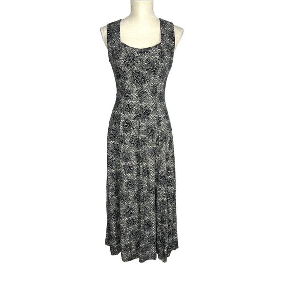 Vintage Dresses & Skirts - Vintage 90s Black Cream Print Sleeveless Crisscross Back Full Length Dress 8